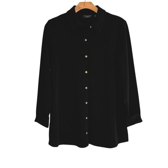 Susan Graver PASSPORT Black button down shirt size large - Picture 1 of 12